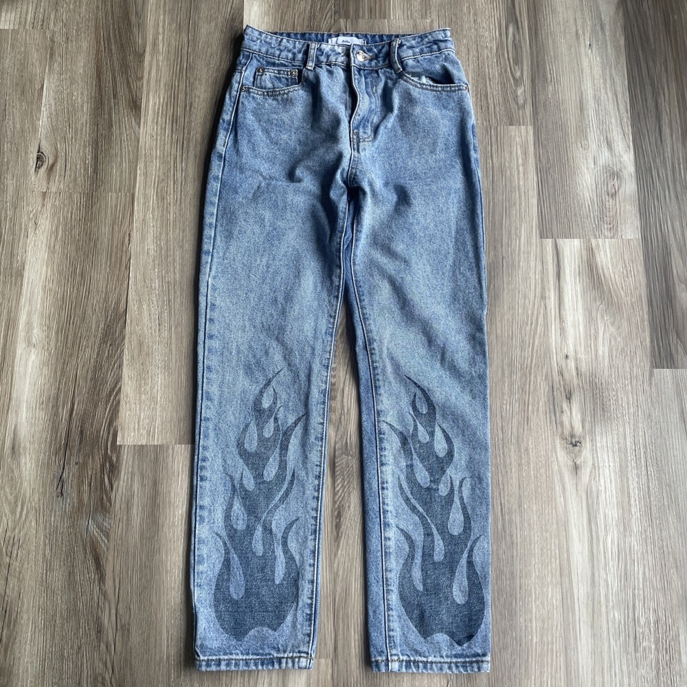 Adika Straight Denim Jeans Size XS‎ Flames Punk Rock Biker Grunge High Rise